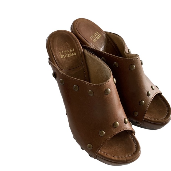 Stuart Weizmann Brown Leather Platform Studded Clogs . - Picture 9 of 12